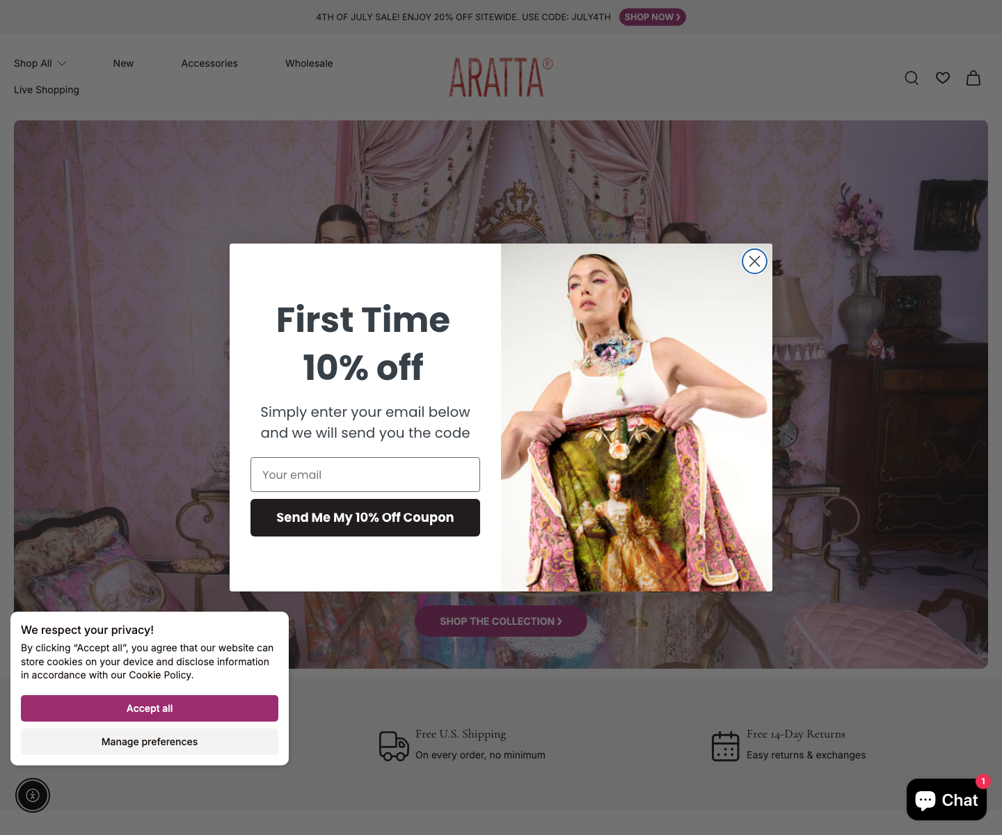 Shop Aratta website screenshot